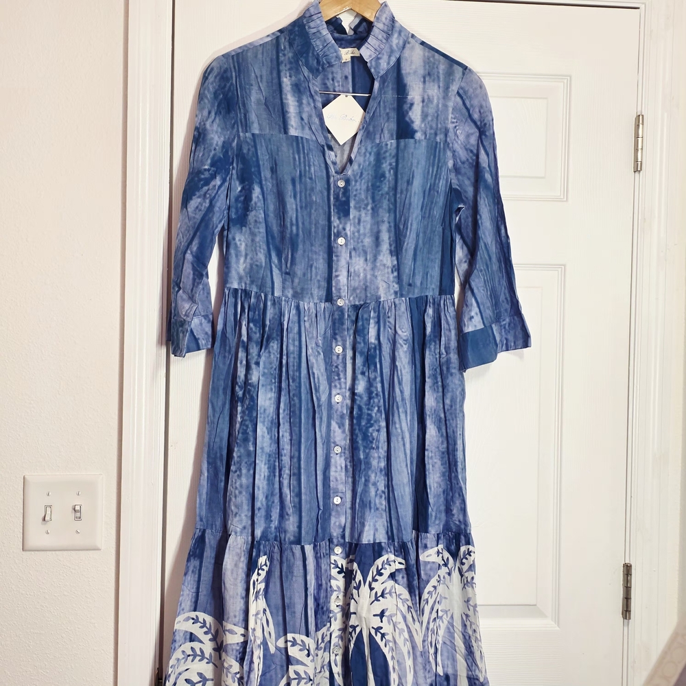Be Boho Blue Button-Up Dress with White Palm Trees Small